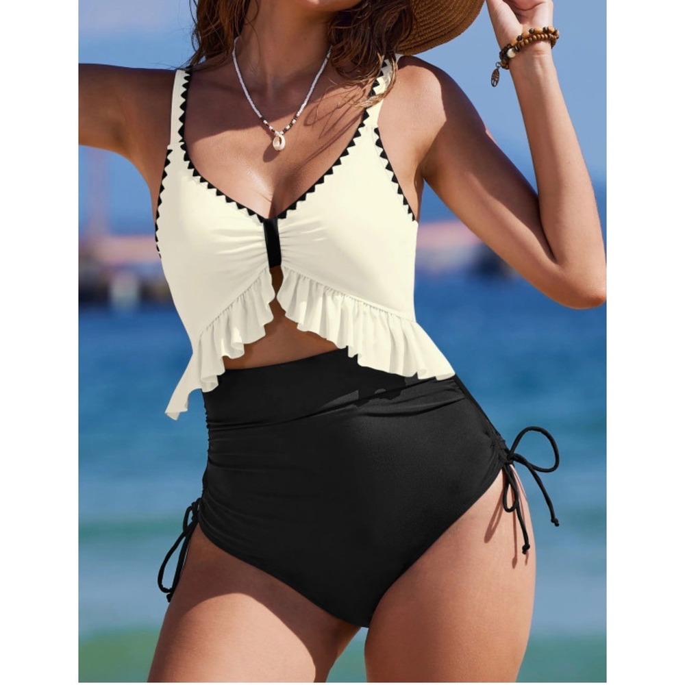 Bikini Set High Waisted Tummy Control Ruffle Two Piece Swimsuit Cream Black NWT‎